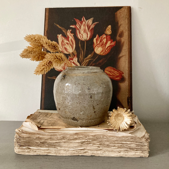 Antique Stoneware Ginger Jar, Chinese Large Vintage Kitchen Decor, Vase, Decorative, Home Decor