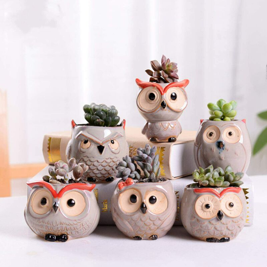 Owl Shaped Ceramic Succulent Pot with Flower Pots Cactus Planter Plants Office Garden Home Decoration (Grey)