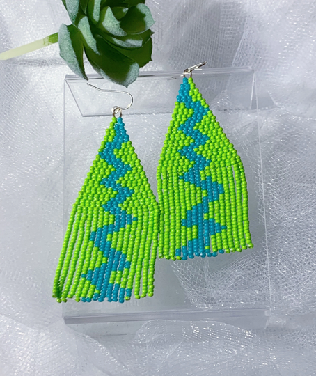 Lime Green & Blue Squiggle Seed Bead Fringe Earrings