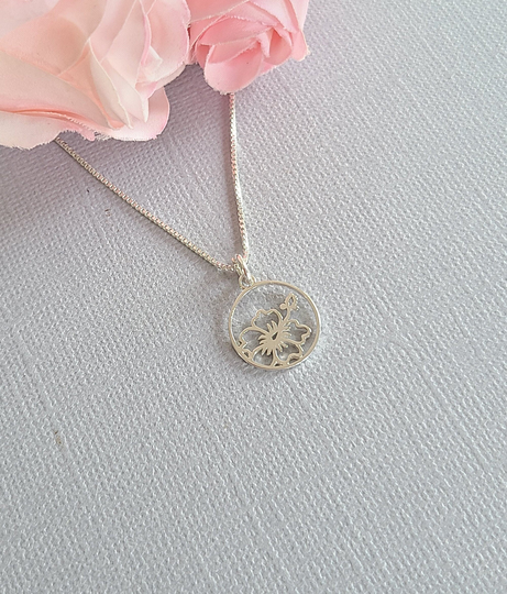 Hibiscus Circle Framed Pendant Necklace, Sterling Silver Minimalist Floral Jewellery, Tropical Themed Simple Summer Gift Or Bridal Accessory