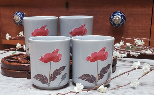 Vintage Japanese Tea Cups, Grey With Poppies