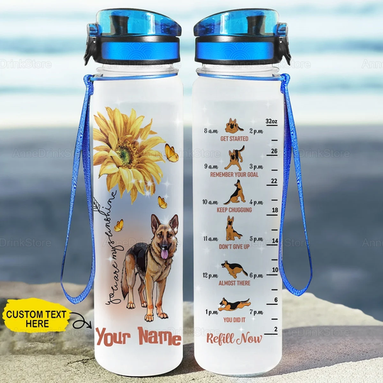 German Shepherd & Sunflower Water Bottle, Personalized Gym Christmas Gift
