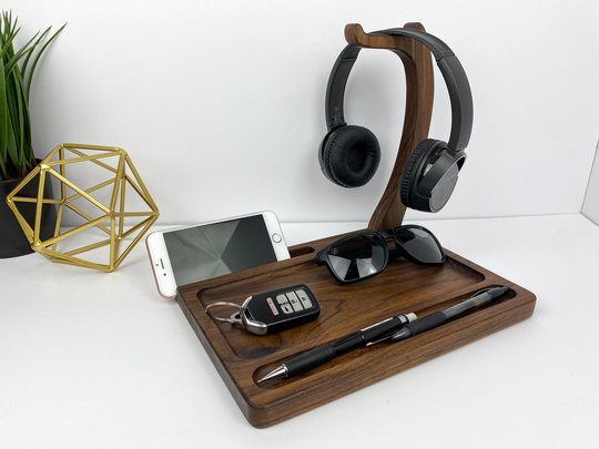 Wooden Desk Organizer & Headphone Stand in Walnut, Nightstand Organizer, Wood Office Décor, Customizable Gift For Him Or Her