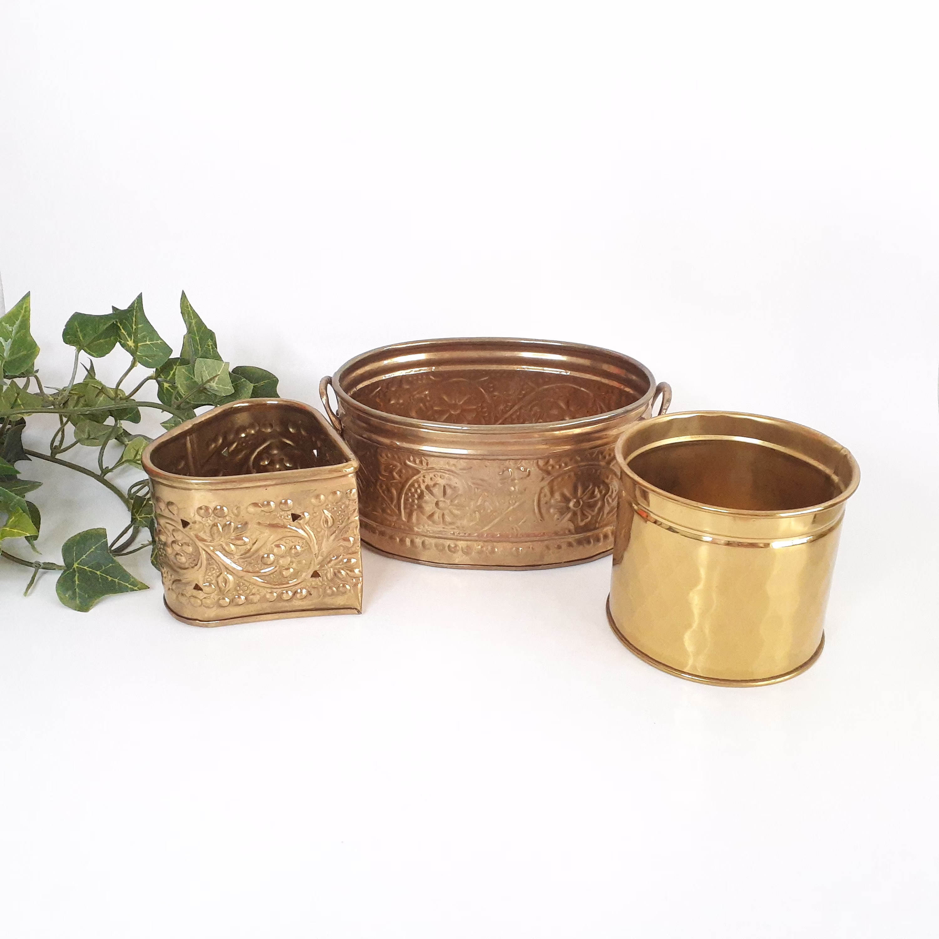 Brass Pots Set Of 3 Vintage Planters Oval Round & Triangle Mismatched Boho