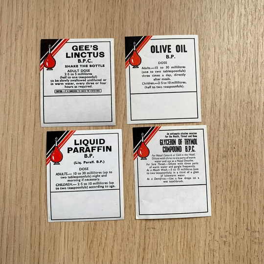 Vintage Chemists Bottle Labels X 4 | Linctus, Olive Oil, Glycerine, Liquid Parafin, With Doses 1920-1930S Film Prop