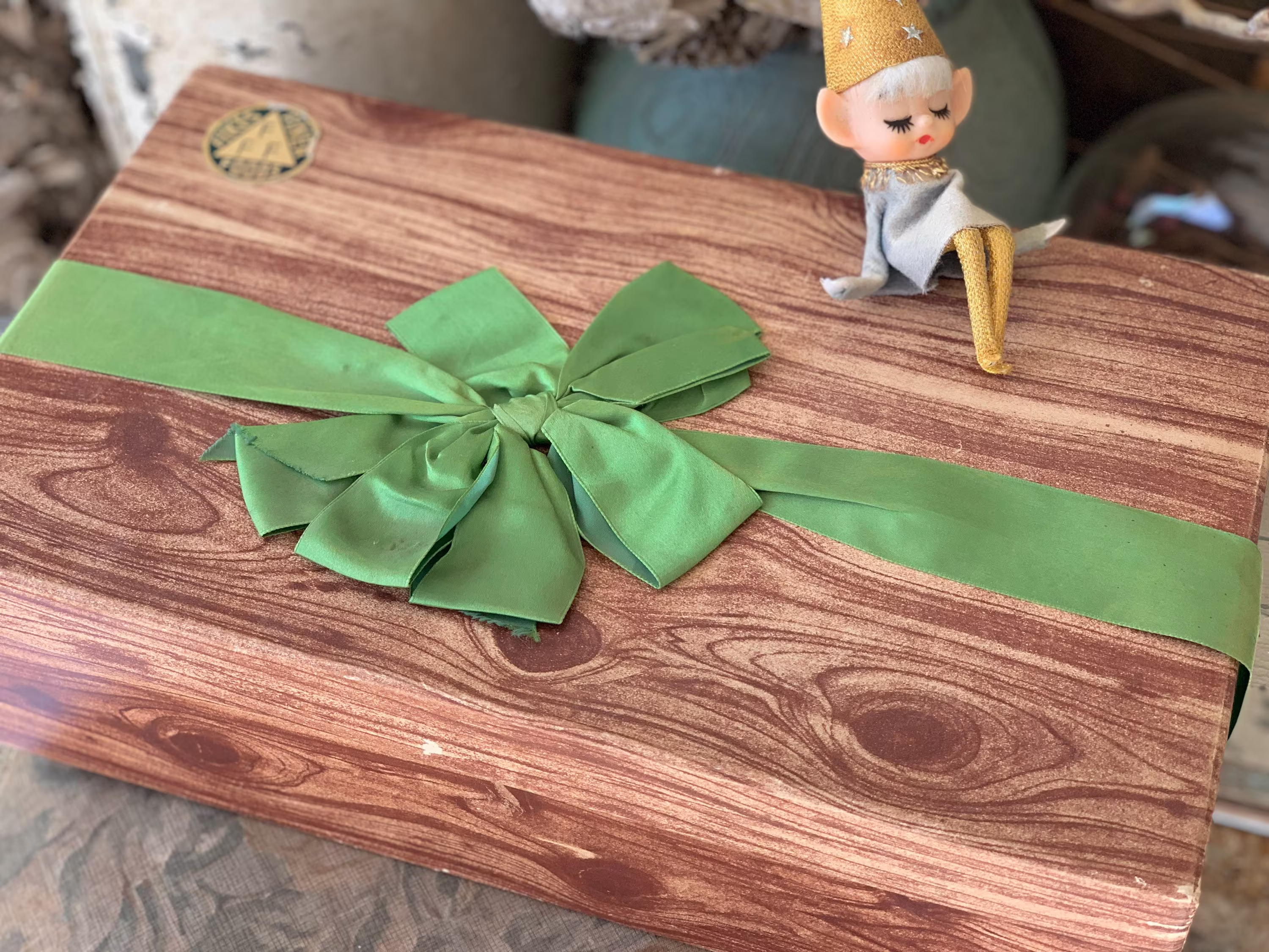 Vintage Shabby Faux Bois Gift Box Season's Greeting Christmas Display Decoration Prop 14.25 Inch Long
