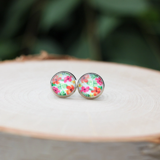 Hibiscus Flower Stud Earrings, Palm Tropical Floral Earrings