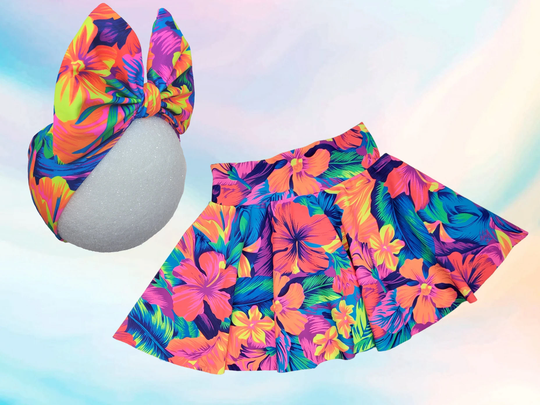 Little Girl's Tropical Flowers Skirt & Big Bow Headband Outfit/ Aloha Themed Birthday Set/ Size 0-3M To 12