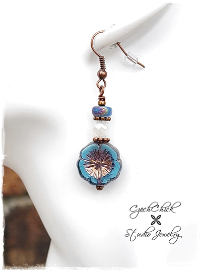 Dainty Blue Czech Glass Flower Earrings