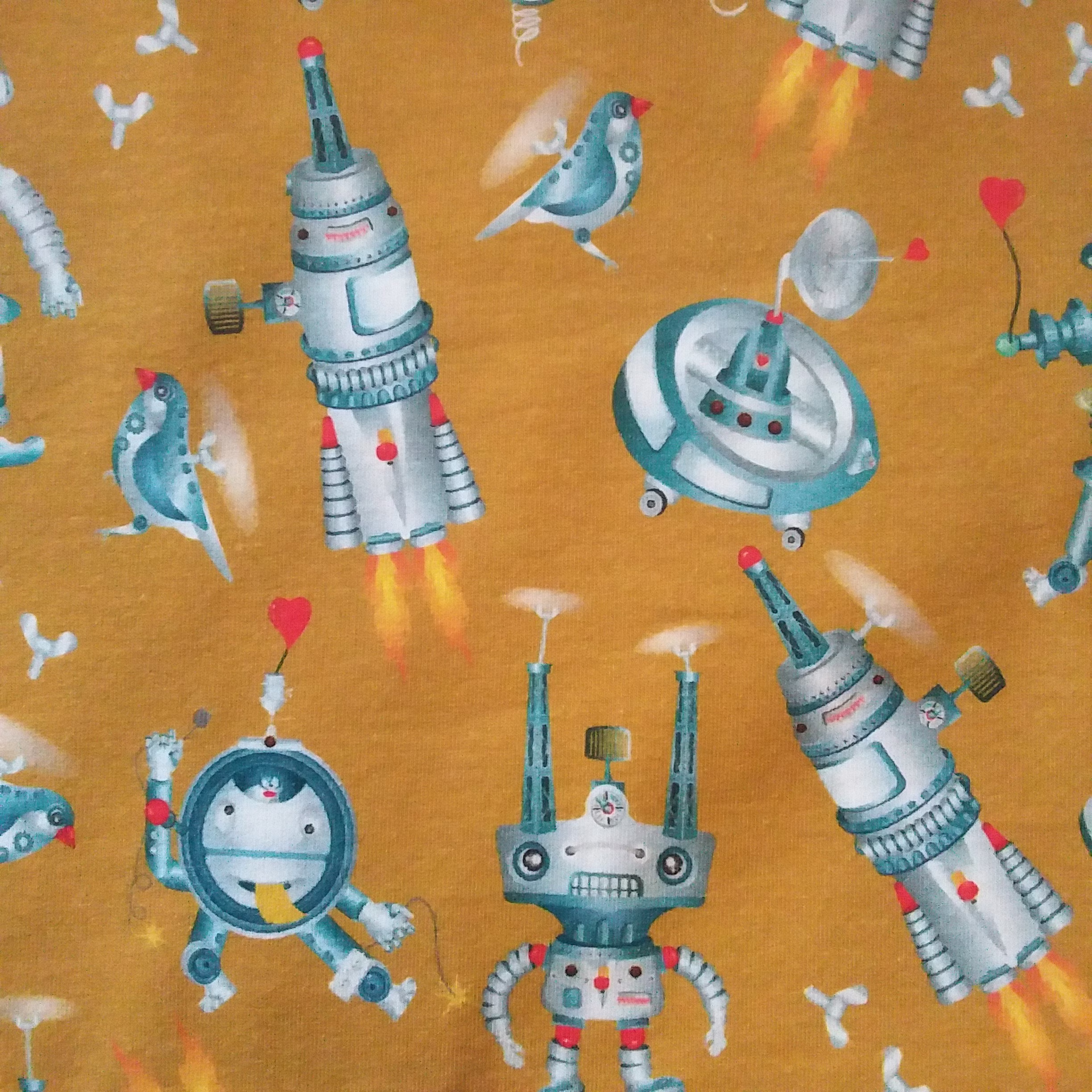 Space Ships Mustard Yellow Organic Loopback Cotton Jersey For Sewing Per 50cm