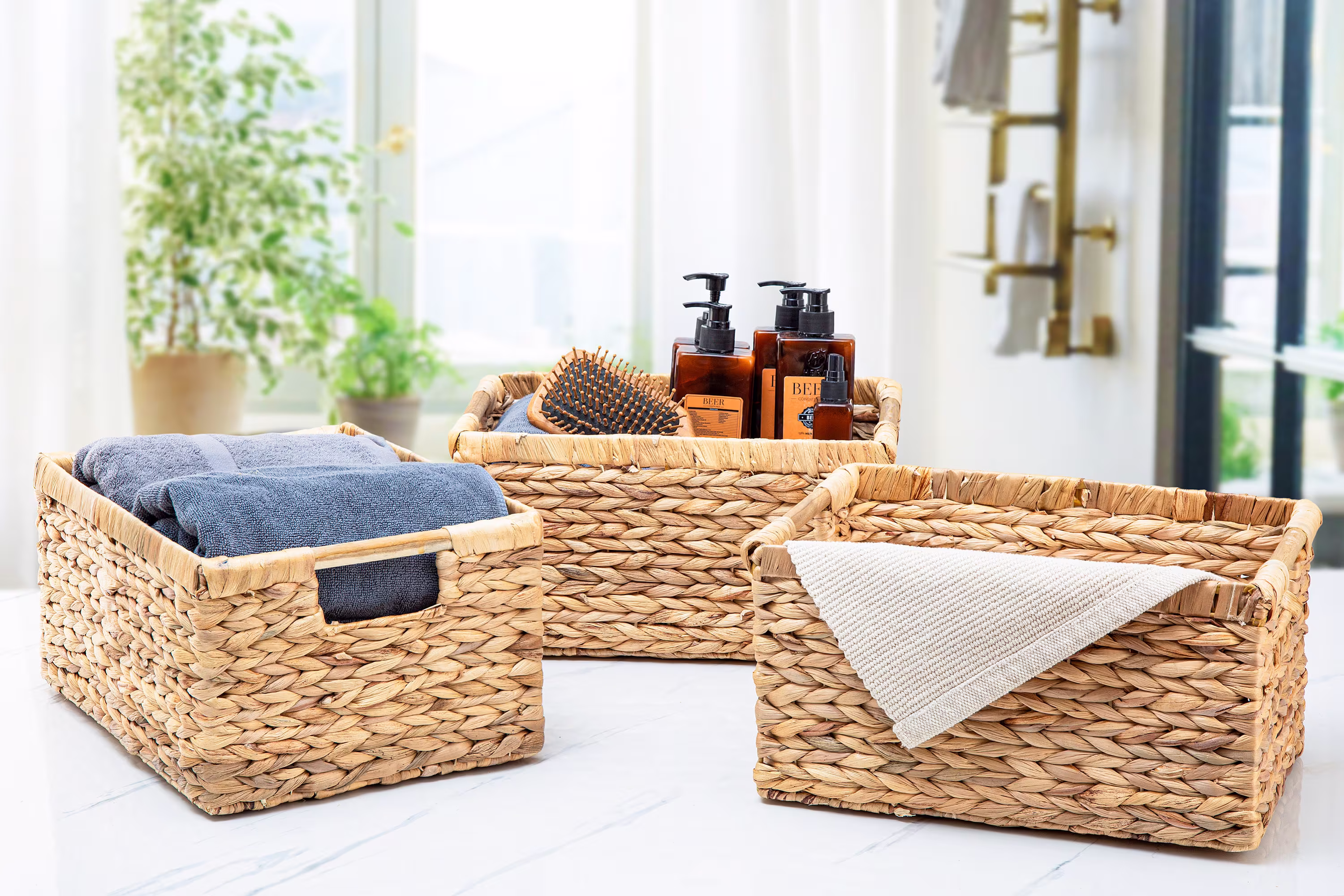 Large Wicker Basket Rectangular With Wooden Handles For Shelves, Water Hyacinth Storage, Naural Baskets Organizing - 3 Pack