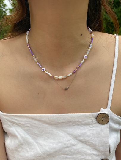 Purple Heart Beaded Necklace - Purple Seed Bead Fresh Water Pearl Real Pastel
