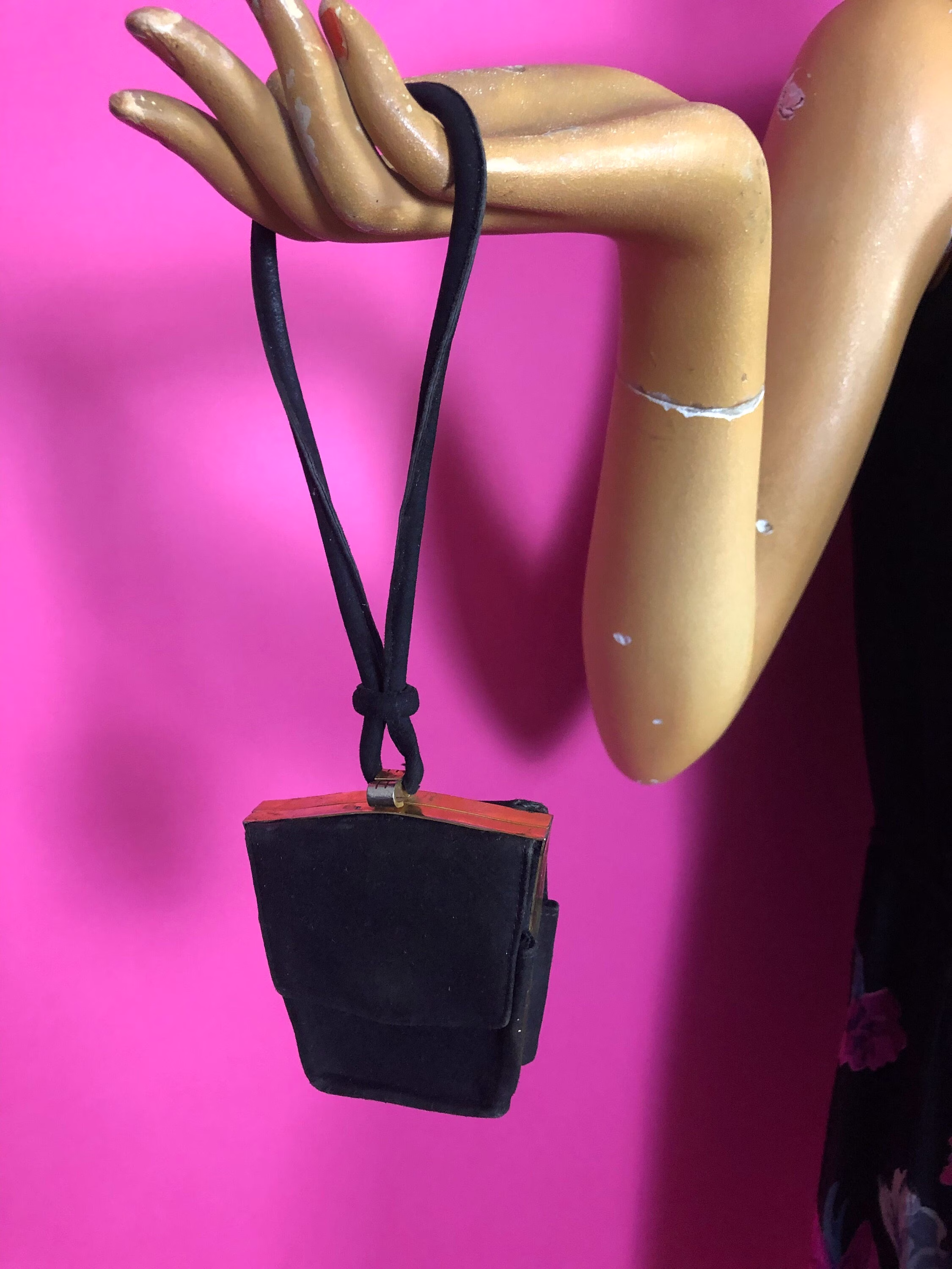 1930S Art Deco Mini Minaudière, French Modele Depose, Black Suede, Gold Frame, Two Pockets, Powder, Lipstick Slot, Mirror, Felt Purse