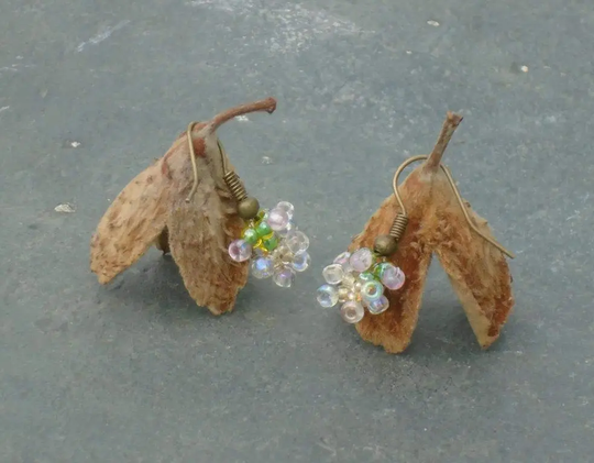 Apple Blossom Earrings, Seed Bead Flower in Pink, Crystal, Champagne Yellow & Green Czech Seed Beads, UK Seller