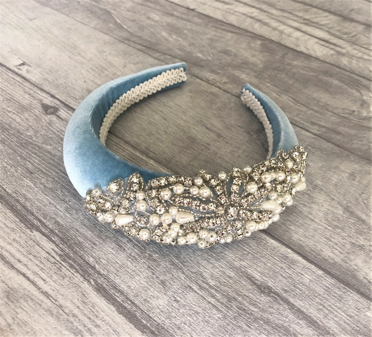 Powder Blue Velvet Jewelled Headband With Crystals & Pearls - Sparkly A Vintage Hint 4cms Wide Padded To 2. 5 cms High