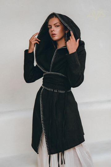 Boho Overcoat Kimono Robe Hoodie Cardigan For Women Belted Wrap Black Long Coat High Jacket With Belt Hood