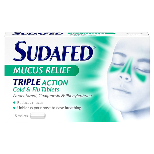 Sudafed Mucus Relief Triple Action Cold & Flu Tablets 16