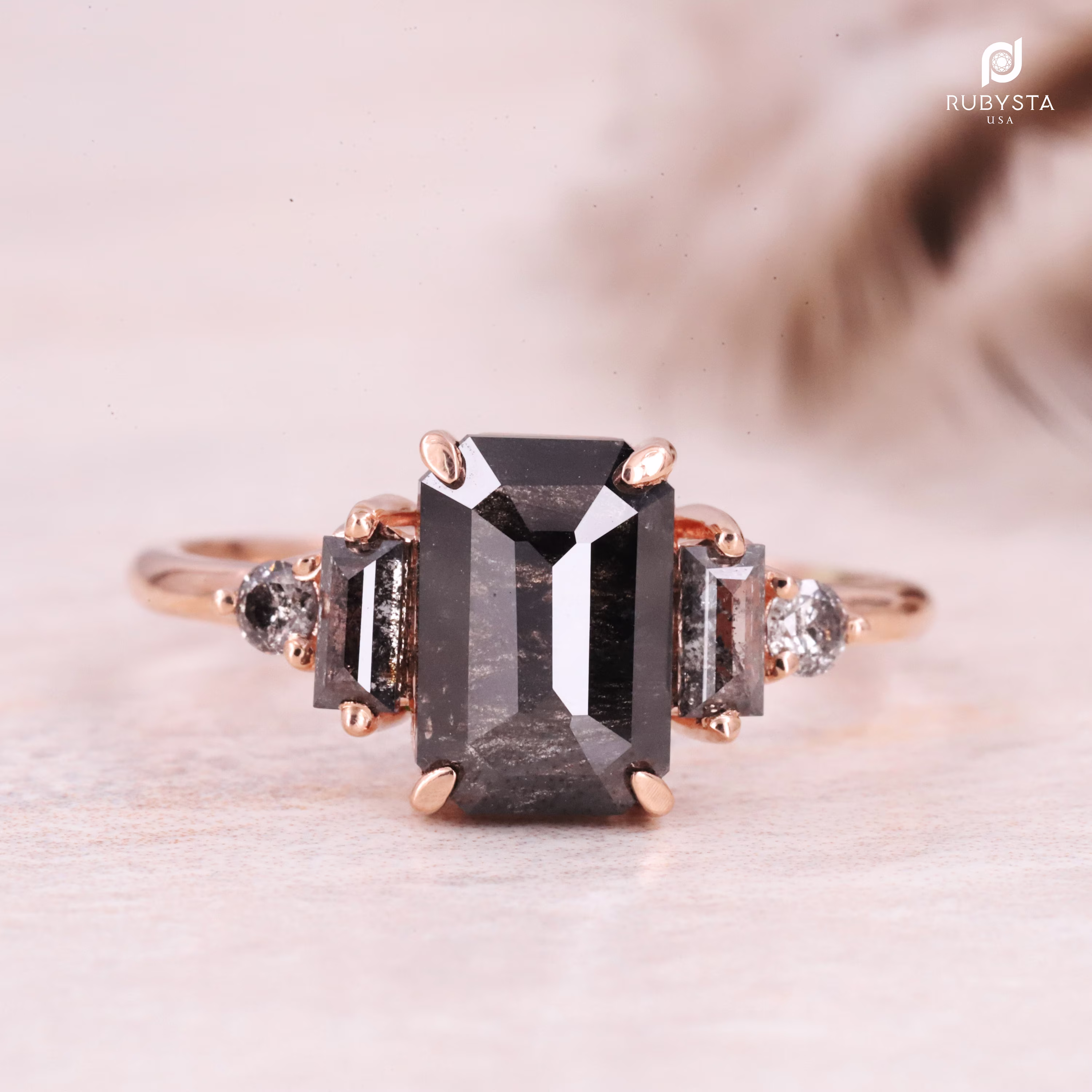 Salt & Pepper Diamond Ring | Engagement Emerald Diamond Ring| Pepper Emerald Ring| Engagement Ring