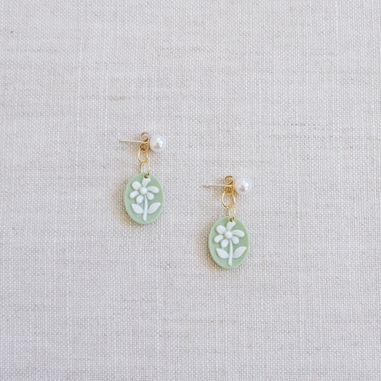 Matcha Green & White Flower Earrings, Elegant Earrings, Nickel Free Gift For Her, Bridesmaid Earrings, Birthday