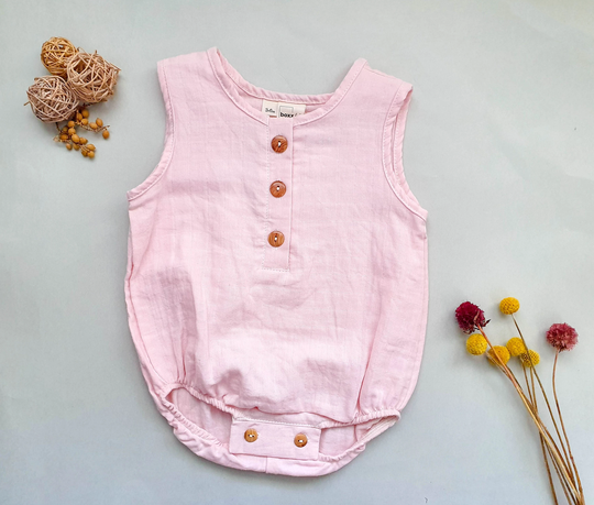 Organic Double Gauze Bubble Romper in Light Pink | Summer Muslin Playsuit Boys Girls Clothes Boho Baby Kids Sunsuit