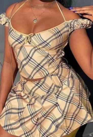 Seasons Casual Y2K Checkered Pleated Skirt Women Plaid High Waisted Mini Skirts Ladies Crop Top Set