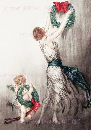 Antique 1920's Art Deco Festive Scene Of A Woman Hanging Her Christmas Wreath Winter Solstice Seasonal Holiday 5x7 Greeting Card