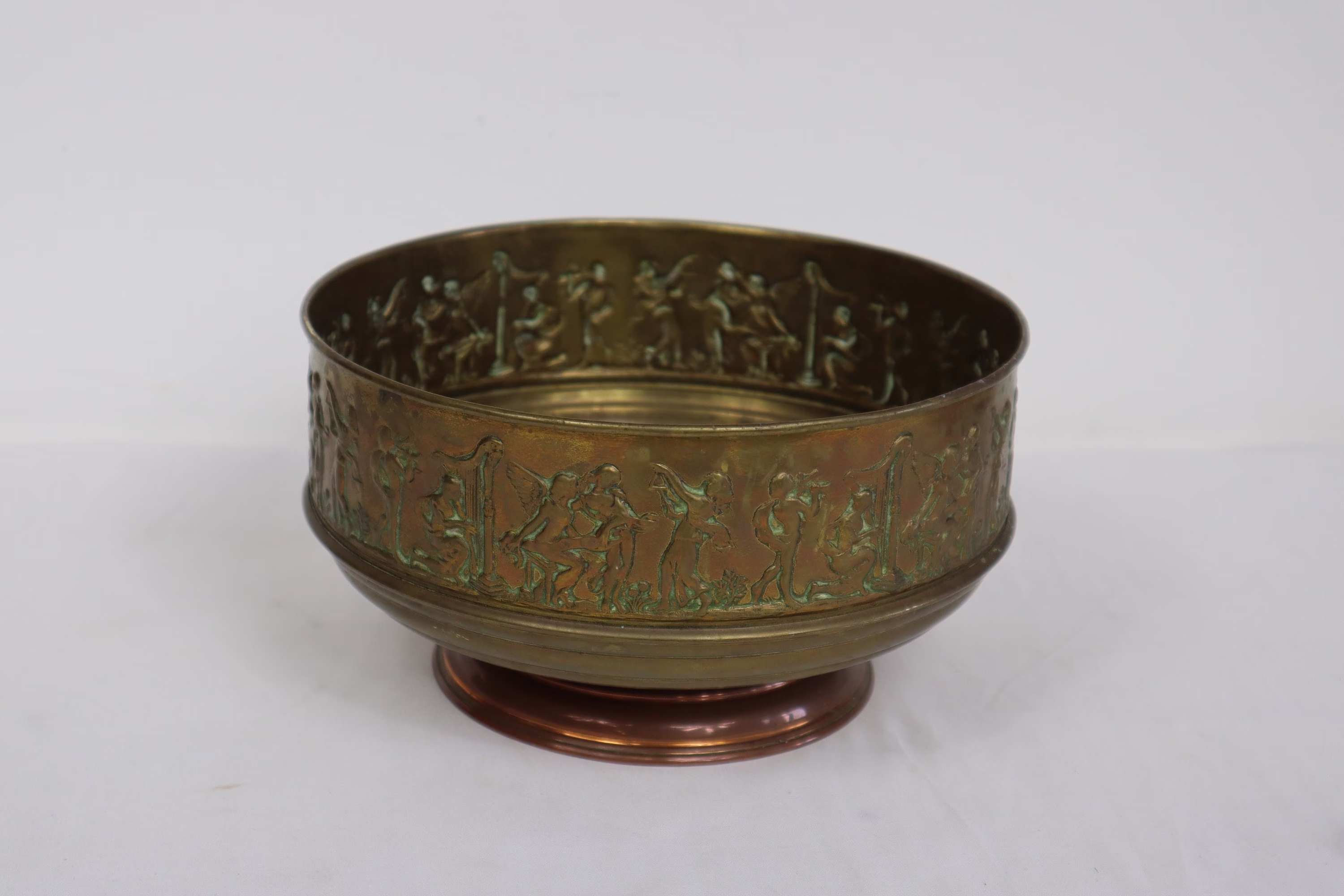 Large Brass Planter With Pictorial Scene & Copper Base - Vintage Indoor Plant Pot