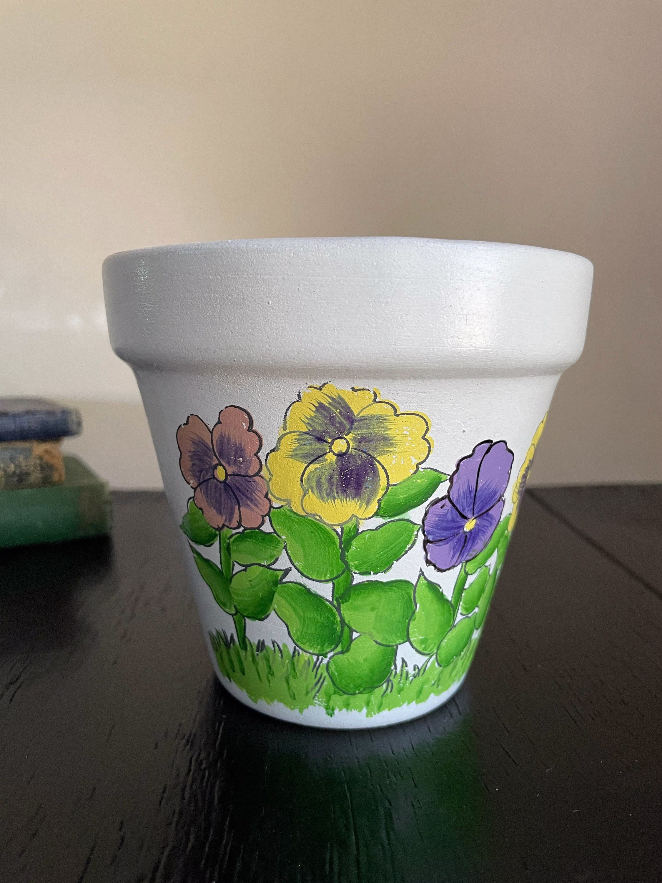 Vintage Wildflower Pansy Flowers Floral Clay Pot Terracotta Planter Succulent Pottery Hand Painted Colorful Bohemian Drainage Country