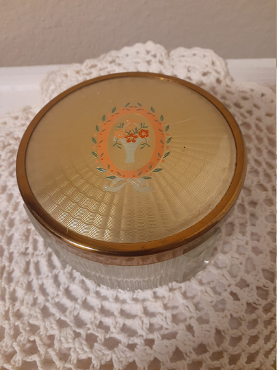 Vintage Clear Glass Vanity Jar Powder With Dore Brass Top & Celluloid Cover