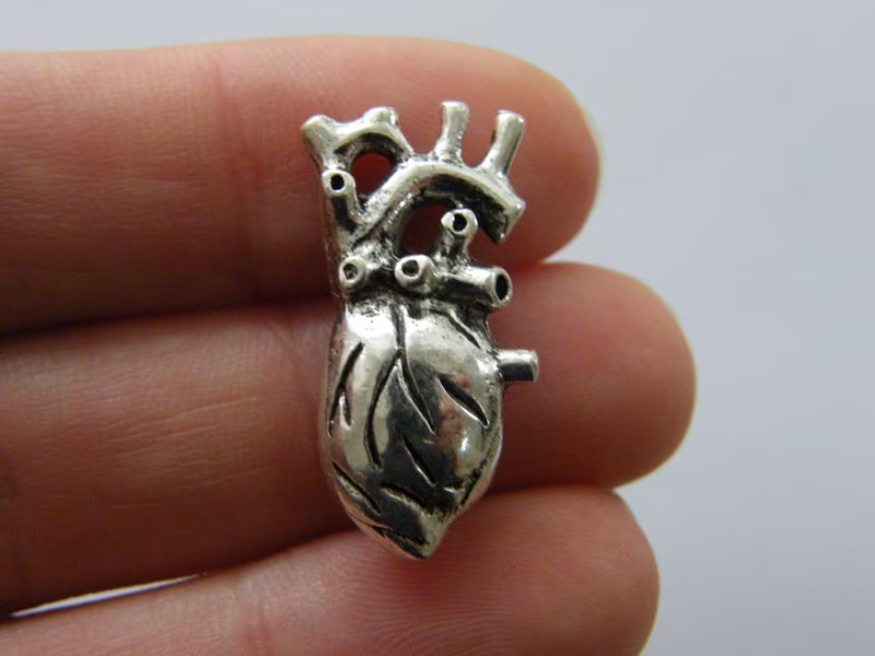Bulk 10 Human Heart Organ Charms Antique Silver Tone Md126