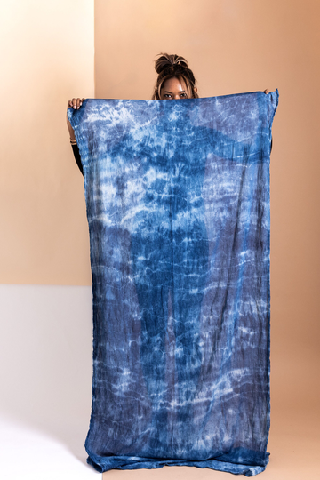 Indigo Shibori Ripples Organic Cotton Scarf Shawl Sarong/Soft Blue & White Beach Holiday Resort Dipped Mother's Gift Stocking Stuffers
