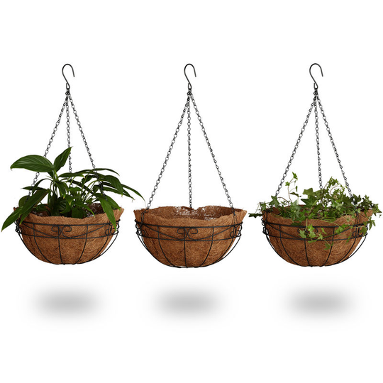 Relaxdays - Set of 3 Hanging Flower Baskets, Coconut, 33 Litre Volume, with Chain, 35 cm Diameter, as Hanging Planters, Brown