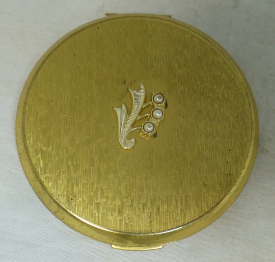 stratton Vintage Brushed Gold Tone English Powder Compact/Make-Up Mirror With 3D Floral Silver & Pearl Motif - Made in England