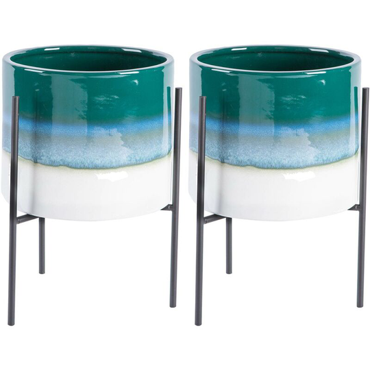 Reactive Glaze Plant Pots on Stands - 19cm - Emerald/Black - Pack of 2 - Nicola Spring