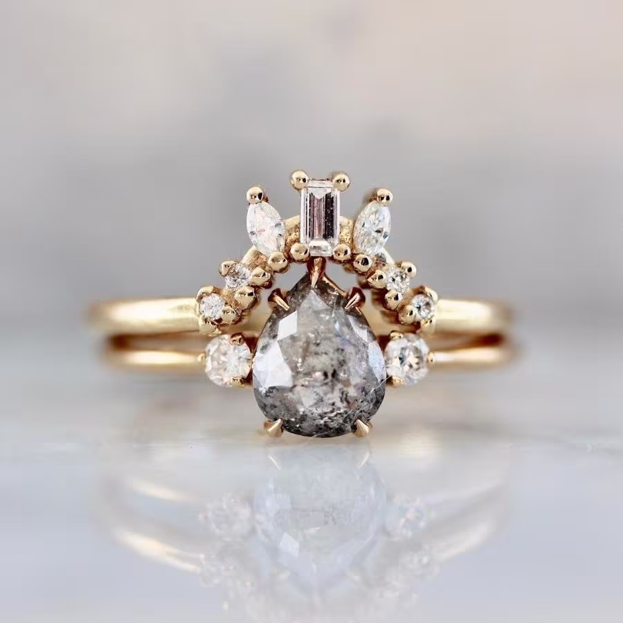 1.2Ct Natural Salt & Pepper Diamond Pear Rose Cut Ring Set 18K Solid Yellow Gold Handmade Set, Wedding Ring, Anniversary Gift