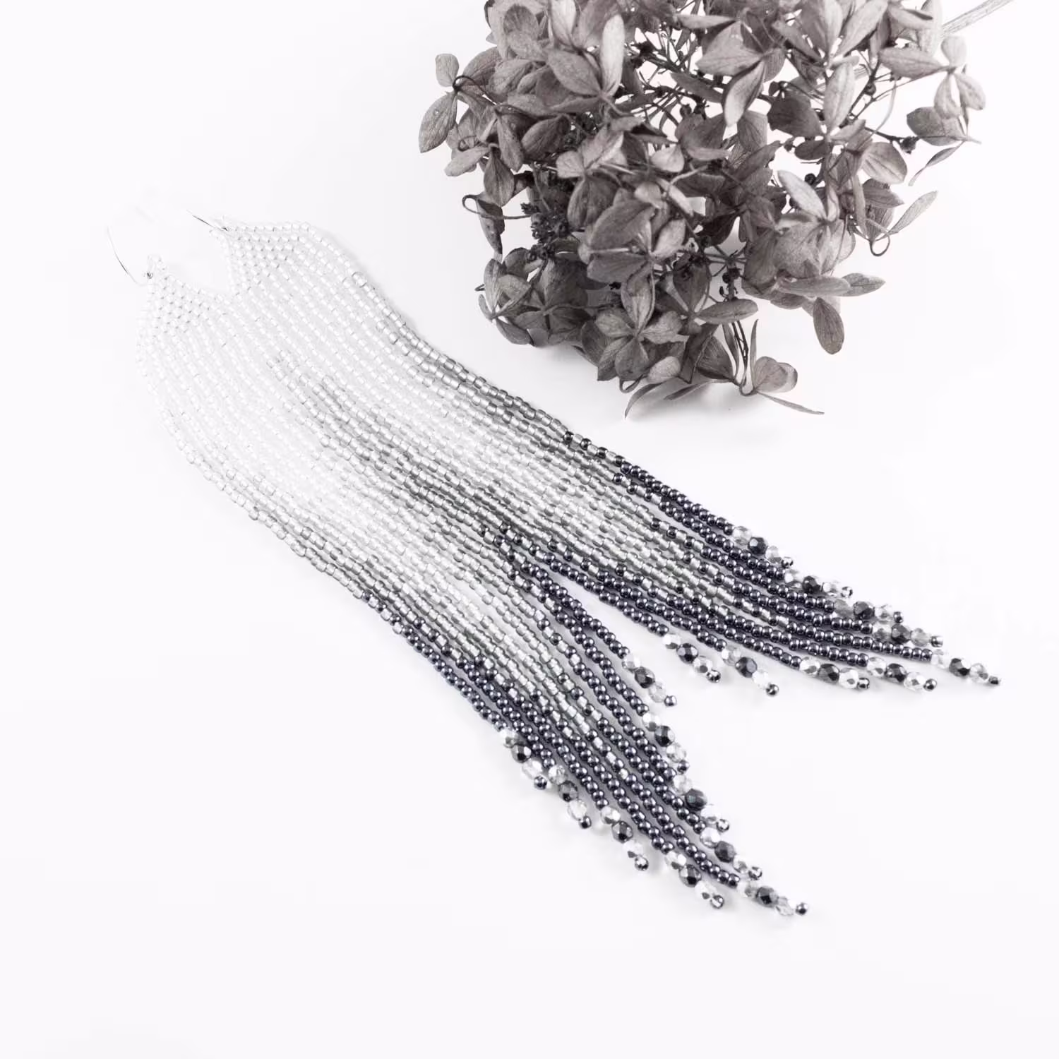 White, Gray & Hematite Seed Bead Earrings, Extra Long Very Gradient Ombre Earrings