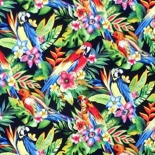 Oasis Tropic Parrots - Tropical Bird Palm Leaf Hibiscus Floral Flower Fabric Black Per 1/2 Metre 100% Cotton