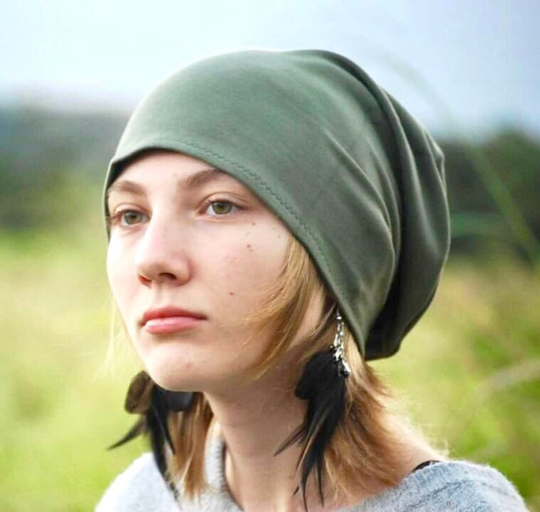 Unisex Slouchy Hat - Olive Green Organic Cotton Soy Spandex French Terry Winter Clothing Eco Friendly