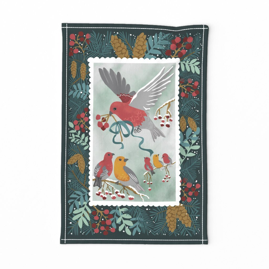 Holly Birds Tea Towel - The Winter Earth Song By Ksharpstudio Evergreen Green Leaves Lace Linen Cotton Canvas Spoonflower