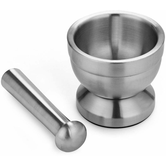 Food Grade 18/8 Stainless Steel Dual Pill Grinder Spice Grinder Mortar and Pestle Set Bowl Pesto Powder Garlic Press Jar Herb Chopper