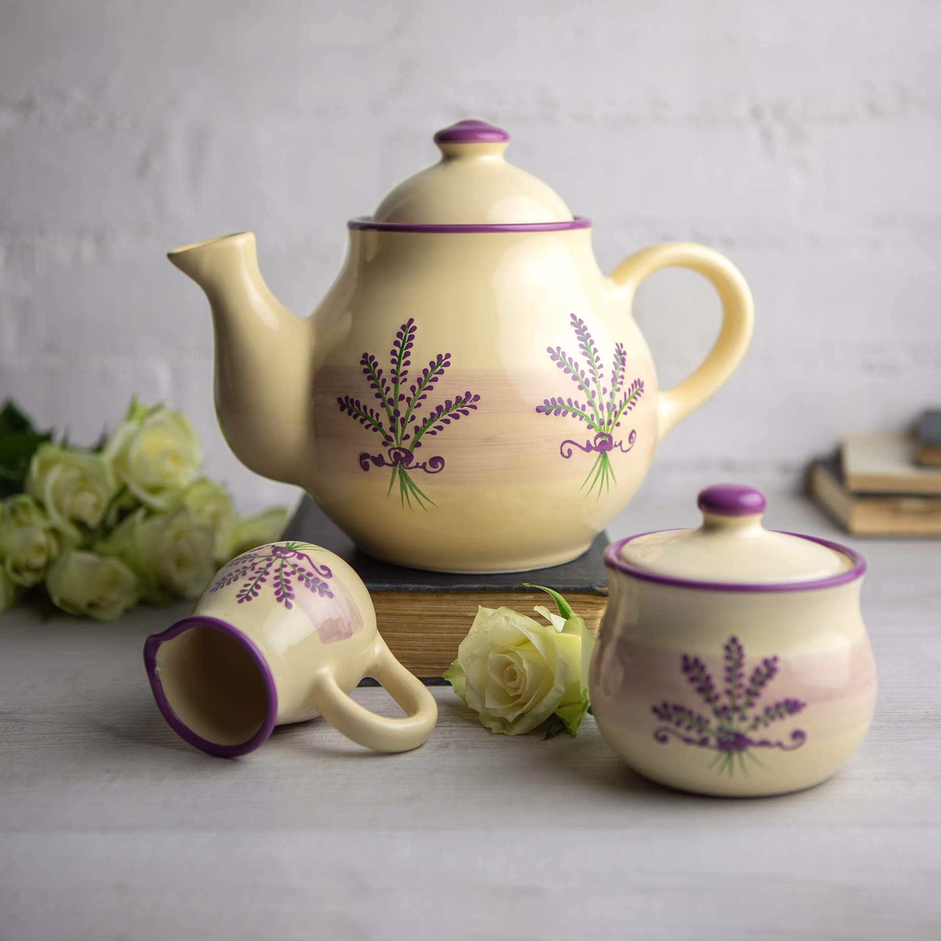 Ceramic Tea Set, Teapot Large Teapot, Milk Jug, Sugar Bowl Handmade Stoneware Pottery, Purple Lavender Floral