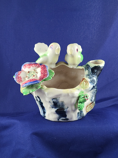 Vintage Bird Planter Handpainted Made in Japan Two Birds & Flower Succulent On Log