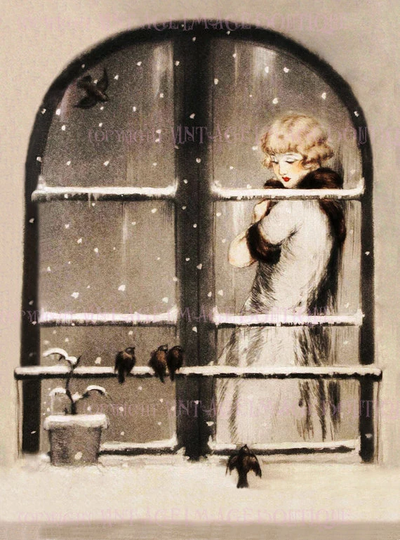 Antique 1920's Art Deco Winter Scene Of A Woman Peering Out Her Window Christmas Season Solstice Holiday 5x7 Greeting Card