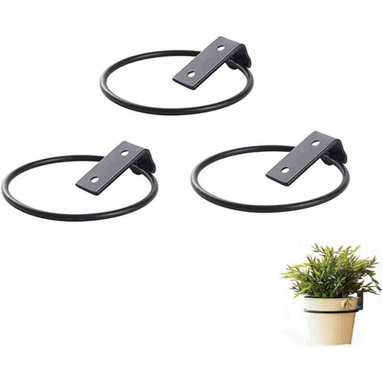 Bearsu - 4.5 Inch Flower Pot Holder Ring Wall Mounted, Set of 3 Wall Planter Hooks, Black Iron Collapsible Bracket - Rail Metal Fence Planters for