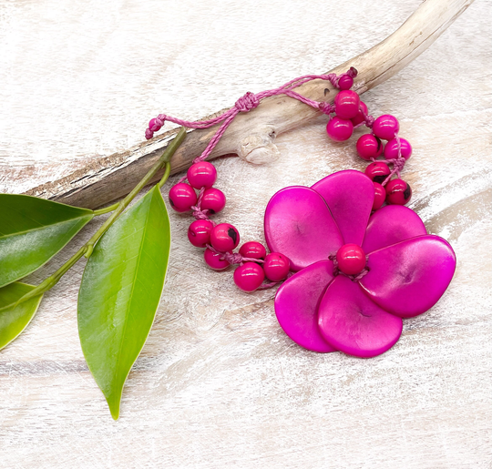 Acai Magenta Flower Tagua Bracelet, Seeds Adjustable Vegan, Handmade Statement