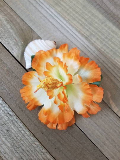 Orange Hibiscus Hair Clip, Single Yellow Orange Silk Flowers, Wedding Flowers