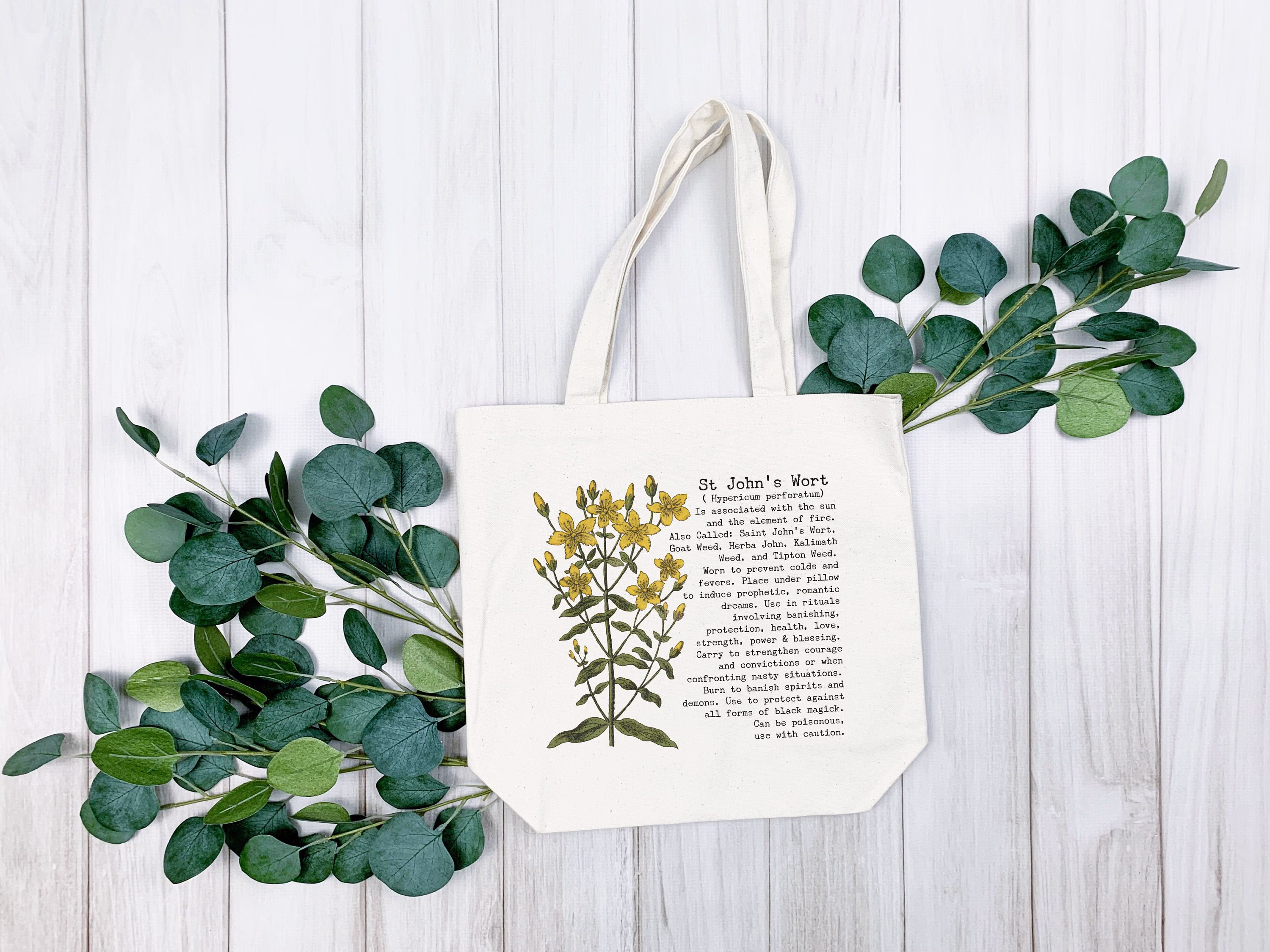 Magical Plants Eco Friendly Organic Cotton Canvas Reusable Tote Bag, St John's Wort Witchy Market Shopping Herbal Sustainable Gift