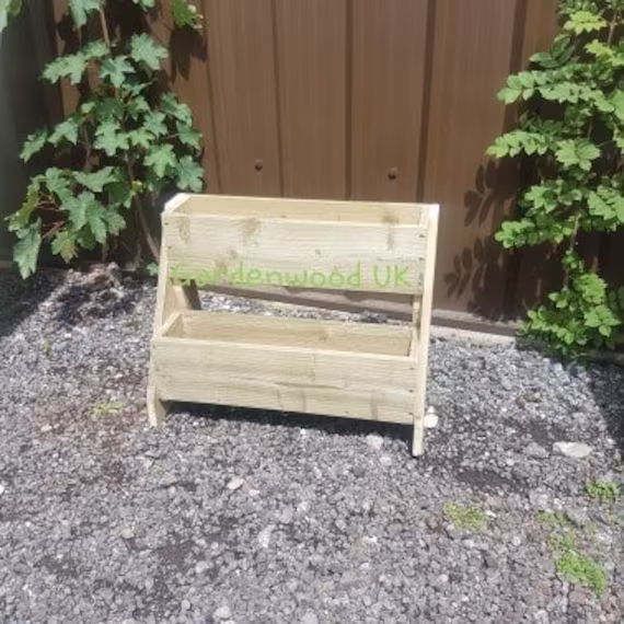 Rustic Wooden 2 Tiered Garden Herb Planter 600mm Wide. Freestanding Ladder Planter. Multi-Level Step Box Trough