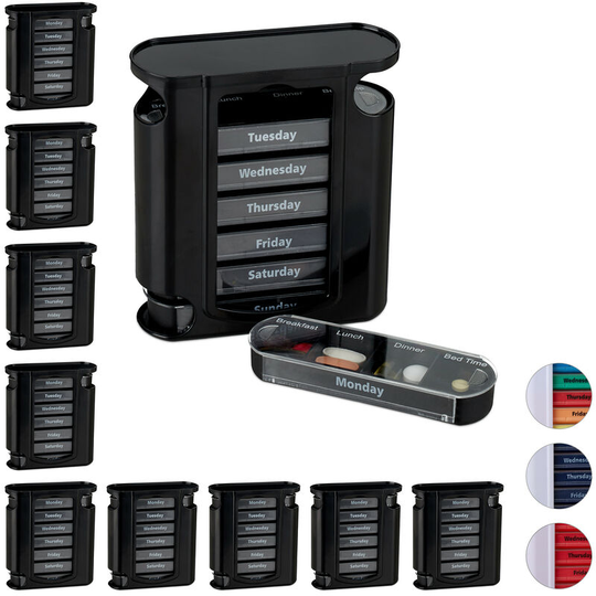 Set of 10 Relaxdays 7-Day Pill Tower, Weekly Medicine Boxes, 4 Compartments, Sliding Lids, Black