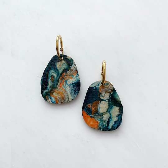 Abstract Hoop Earrings - Organic Pebble Hoops Irregular Geometric Gifts For Her Orange & Teal